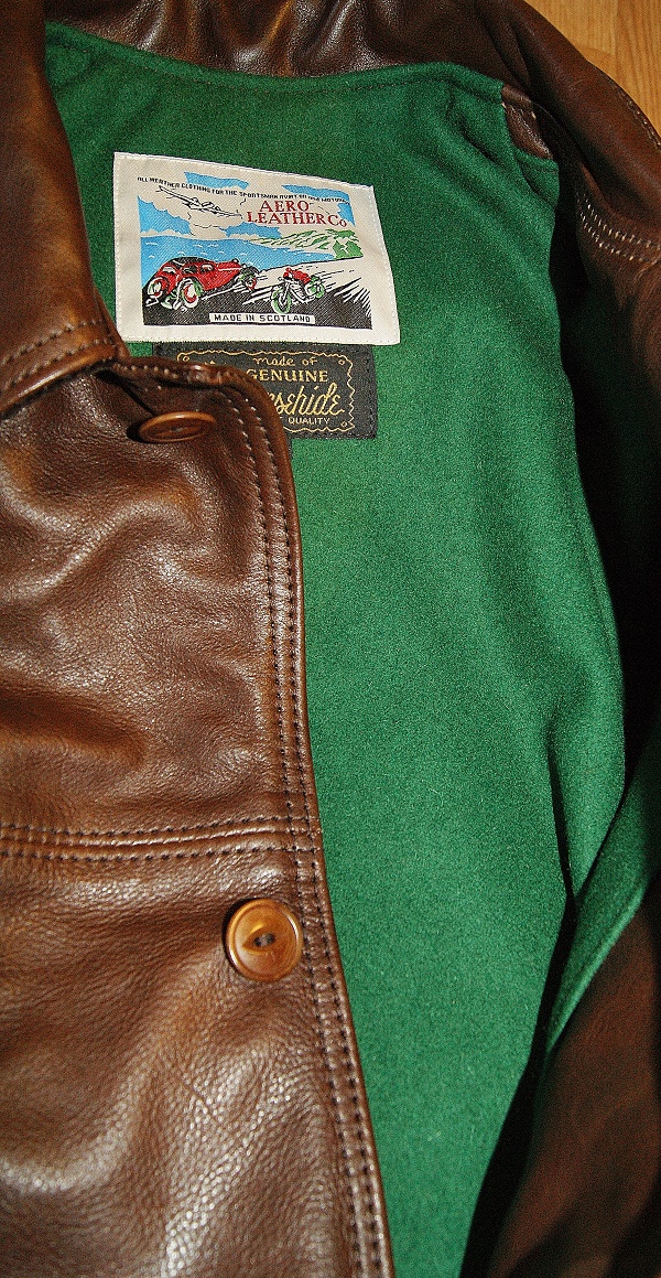 Aero 1920s Premier Work Coat Seal Vicenza Horsehide Green Melton wool lining.jpg