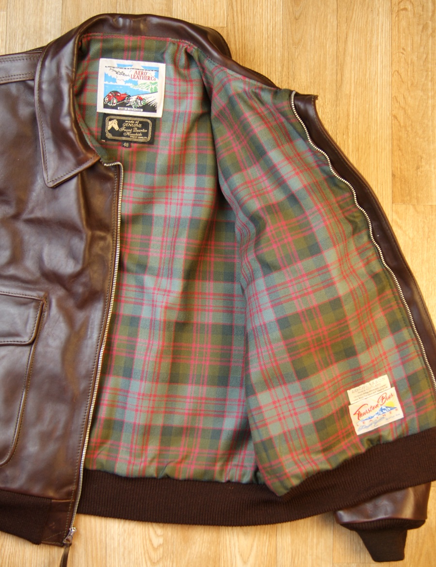 Aero 1950s Flight Jacket Brown CXL FQHH MacDonald Clan Weathered tartan lining.jpg