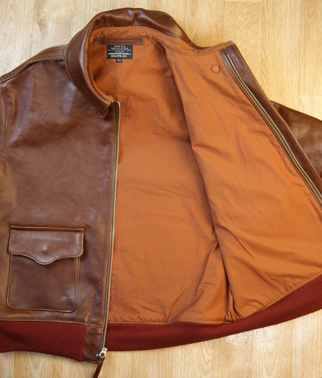 Aero 38-1711 A-2 Russet Vicenza Horsehide open lining.jpg