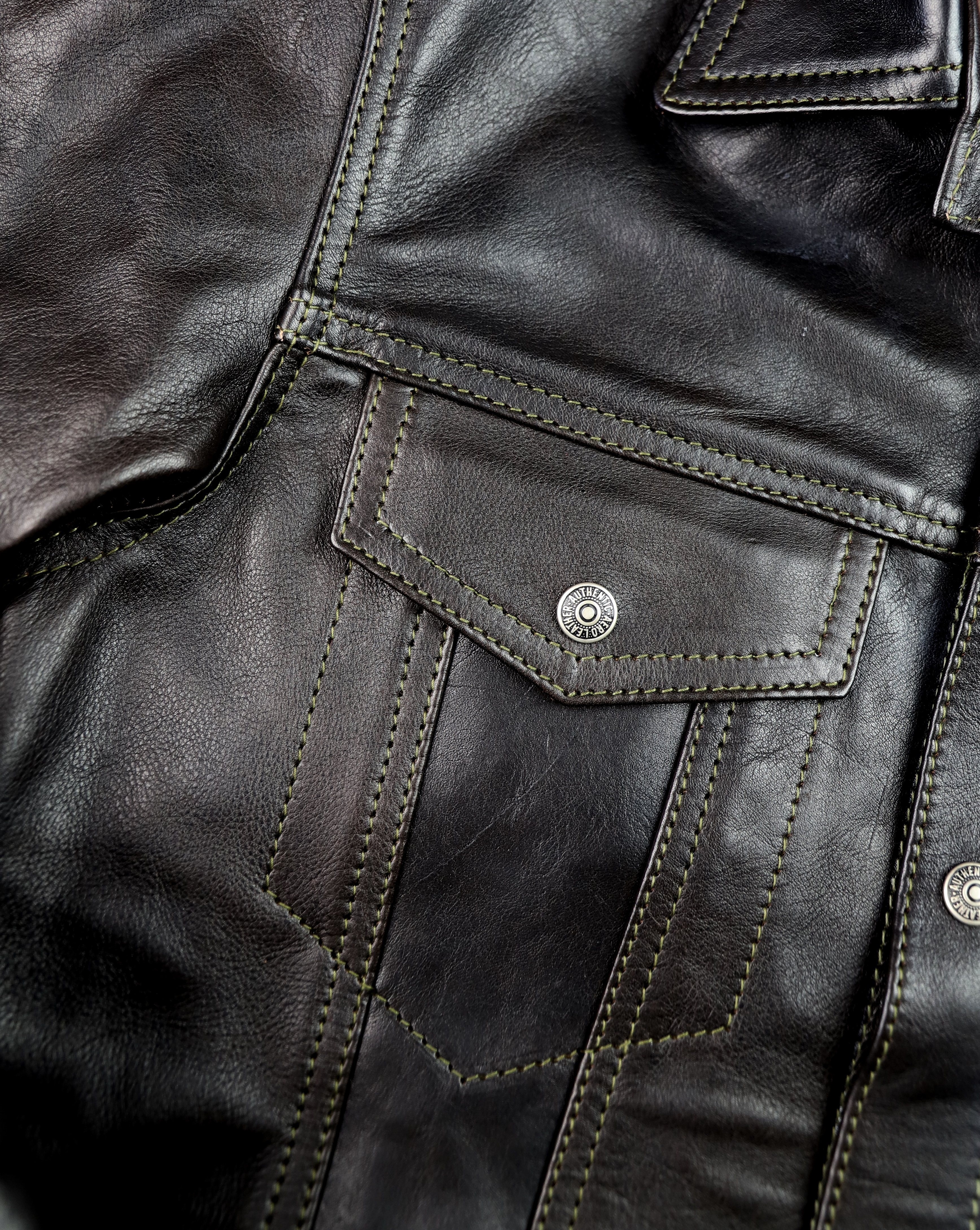 Aero 557XX Jean Jacket Blackened Brown Vicenza UEN chest pocket.jpg