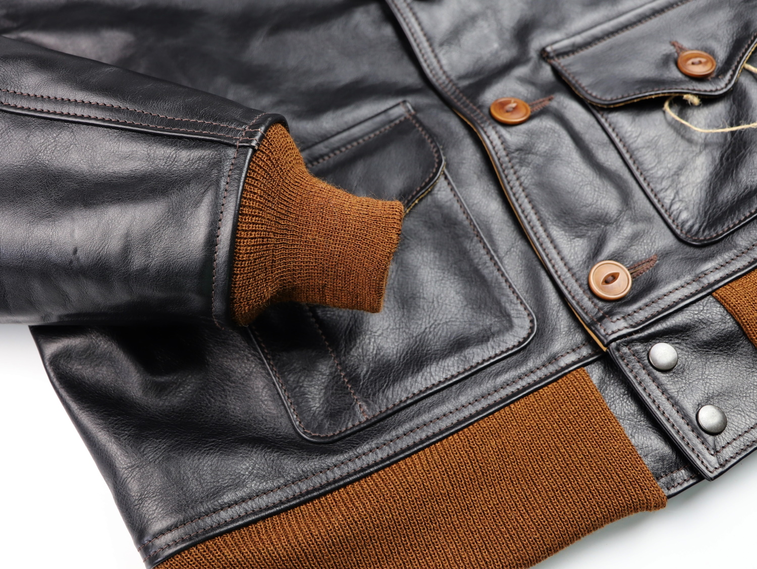 Aero A-1 Blackened Brown Vicenza Horsehide EDB6 knit cuff.jpg