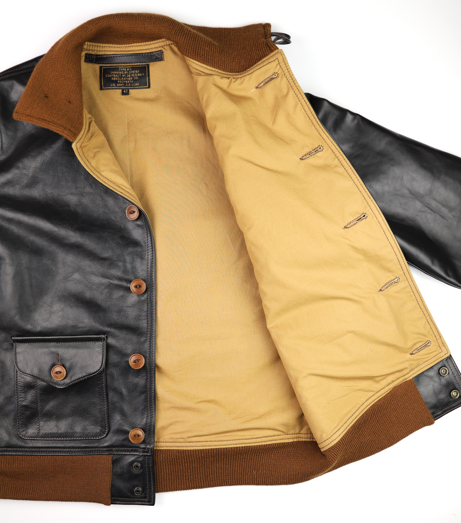 Aero A-1 Blackened Brown Vicenza Horsehide EDB6 tan cotton lining.jpg