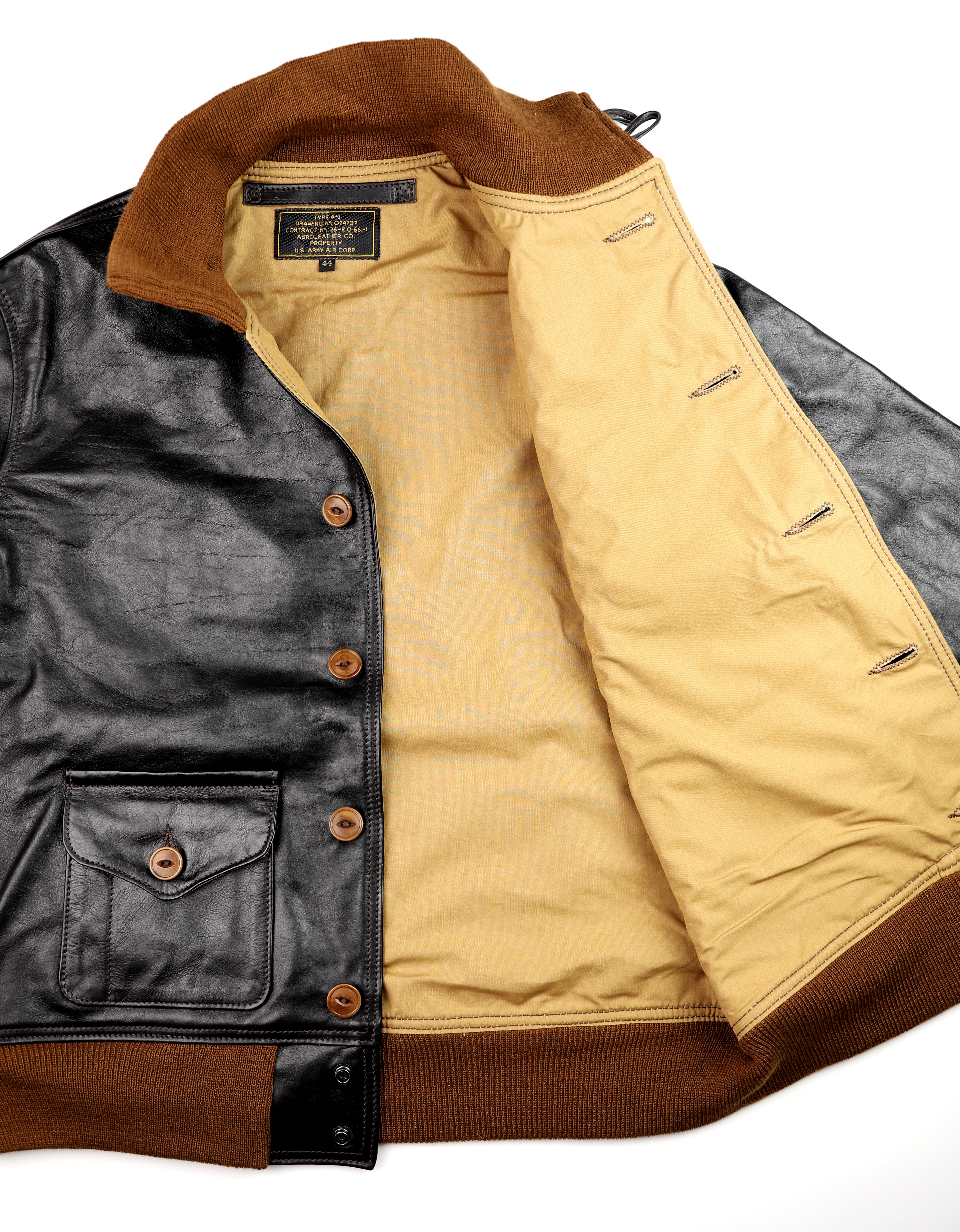 Aero A-1 Blackened Brown Vicenza Horsehide EMW tan cotton lining.jpg