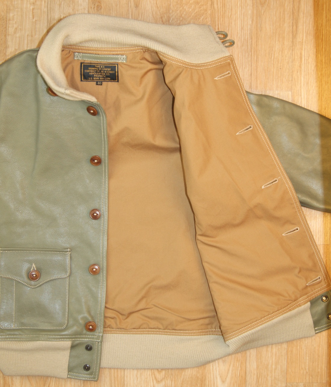 Aero A-1 Olive Vicenza Horsehide VQU open tan cotton lining.jpg