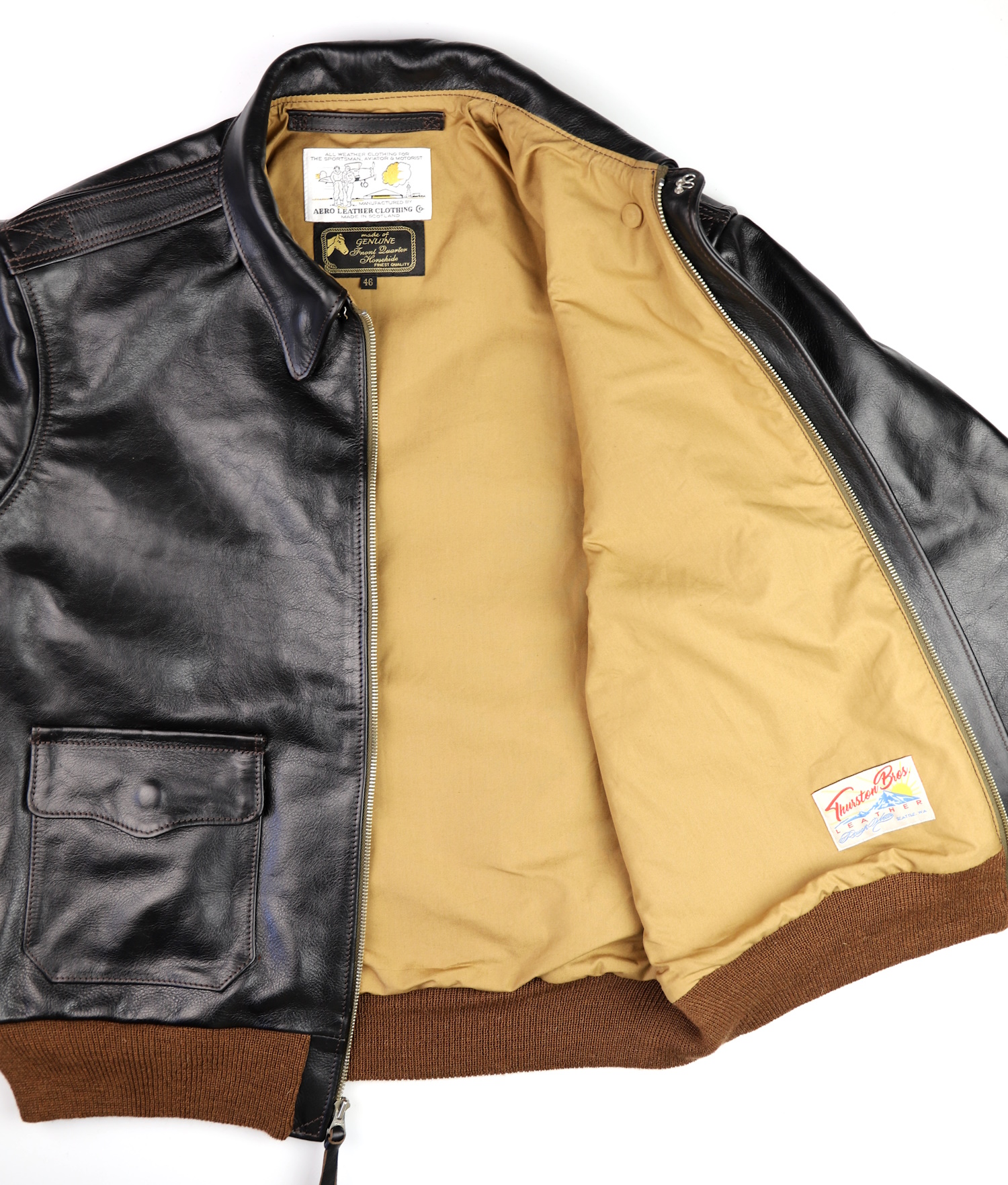 Aero A-2 Bronco Blackened Brown Vicenza Horsehide UN7 mustard tan cotton lining.jpg