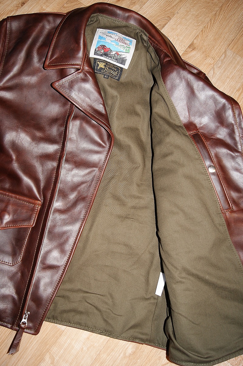 Aero Bootlegger Brown CXL Steerhide Captain America olive cotton drill lining.jpg