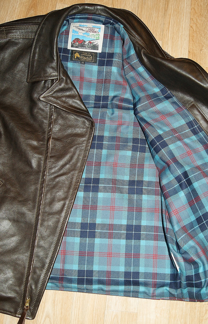 Aero Bootlegger Dark Seal Vicenza Horsehide size 50 Lochness tartan lining.jpg