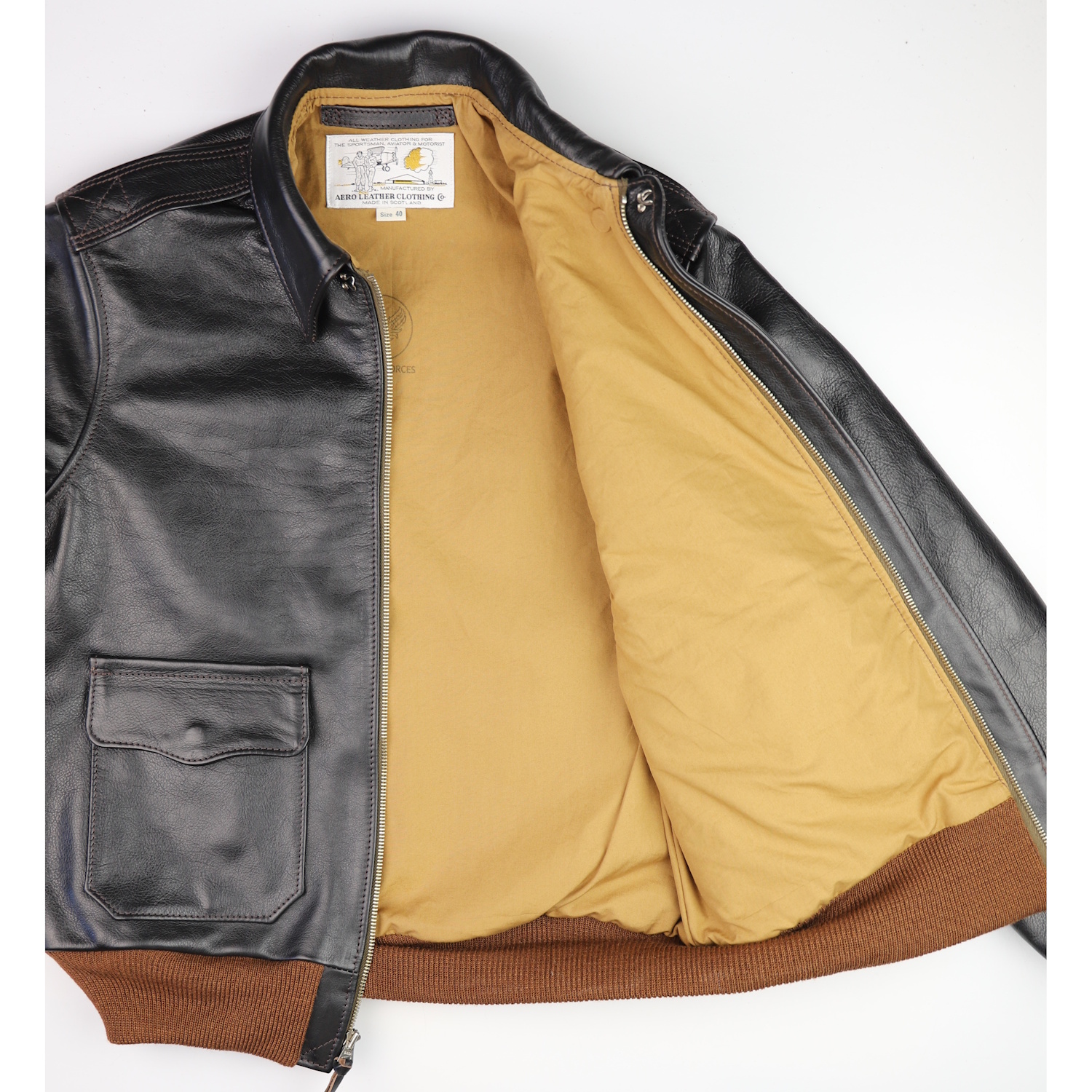 Aero Bronco A-2 Blackened Brown Vicenza HX2 mustard cotton lining IG square.jpg