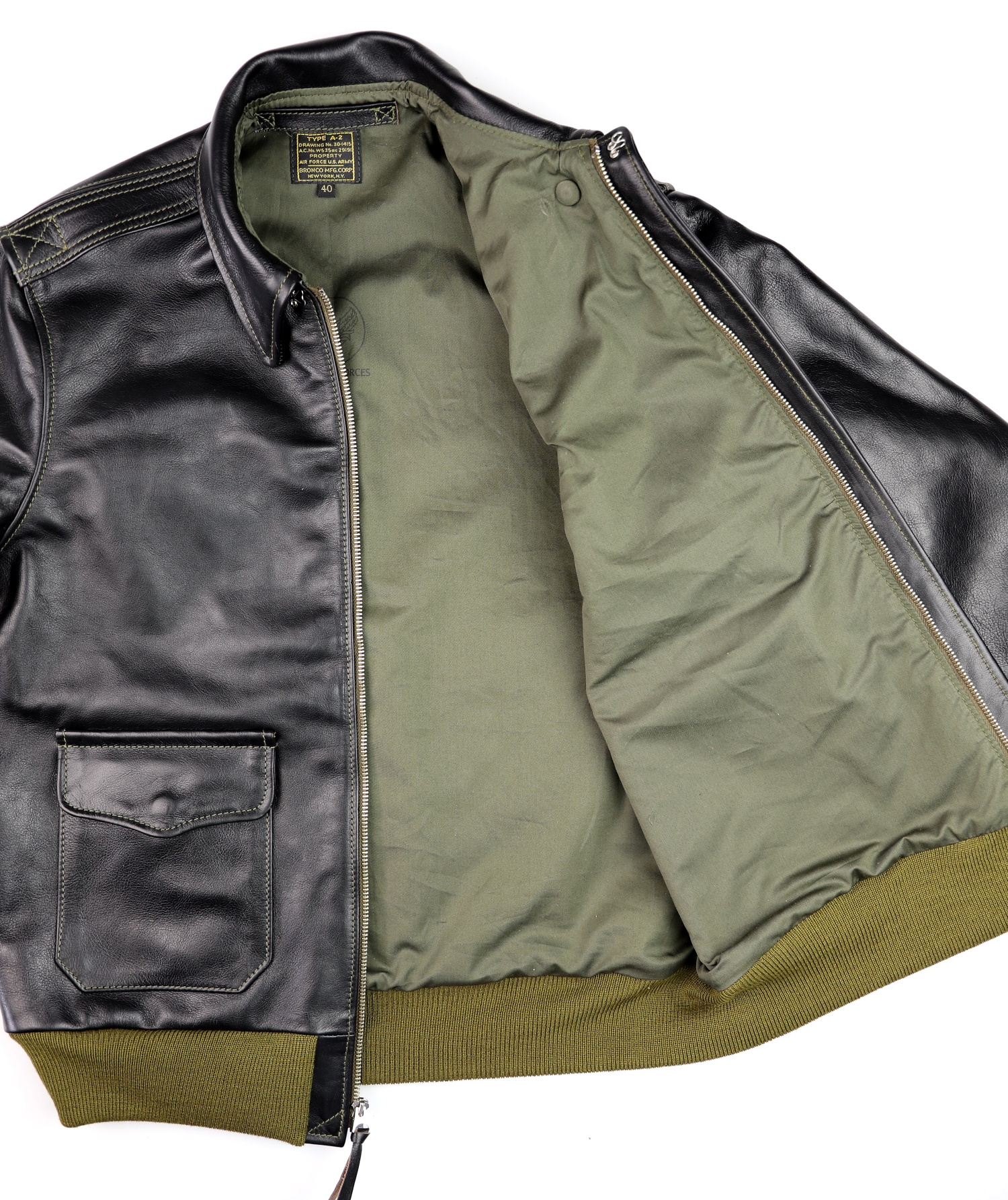 Aero Bronco A-2 Blackened Brown Vicenza KR6 olive cotton sateen lining.jpg