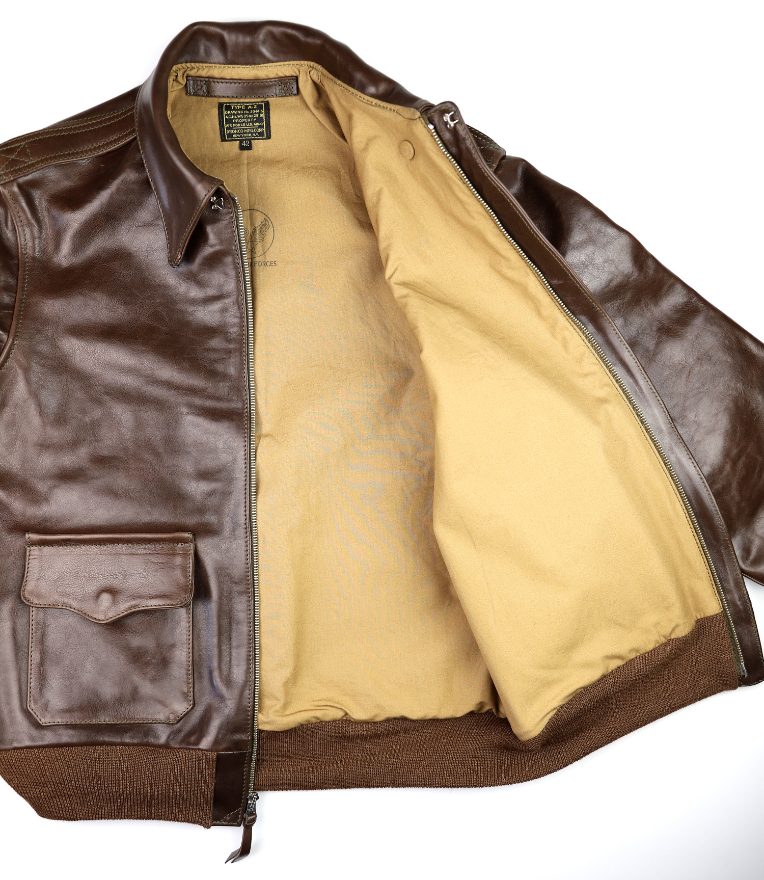 Aero Bronco A-2 Chestnut Badalassi Cowhide tan cotton lining.jpg