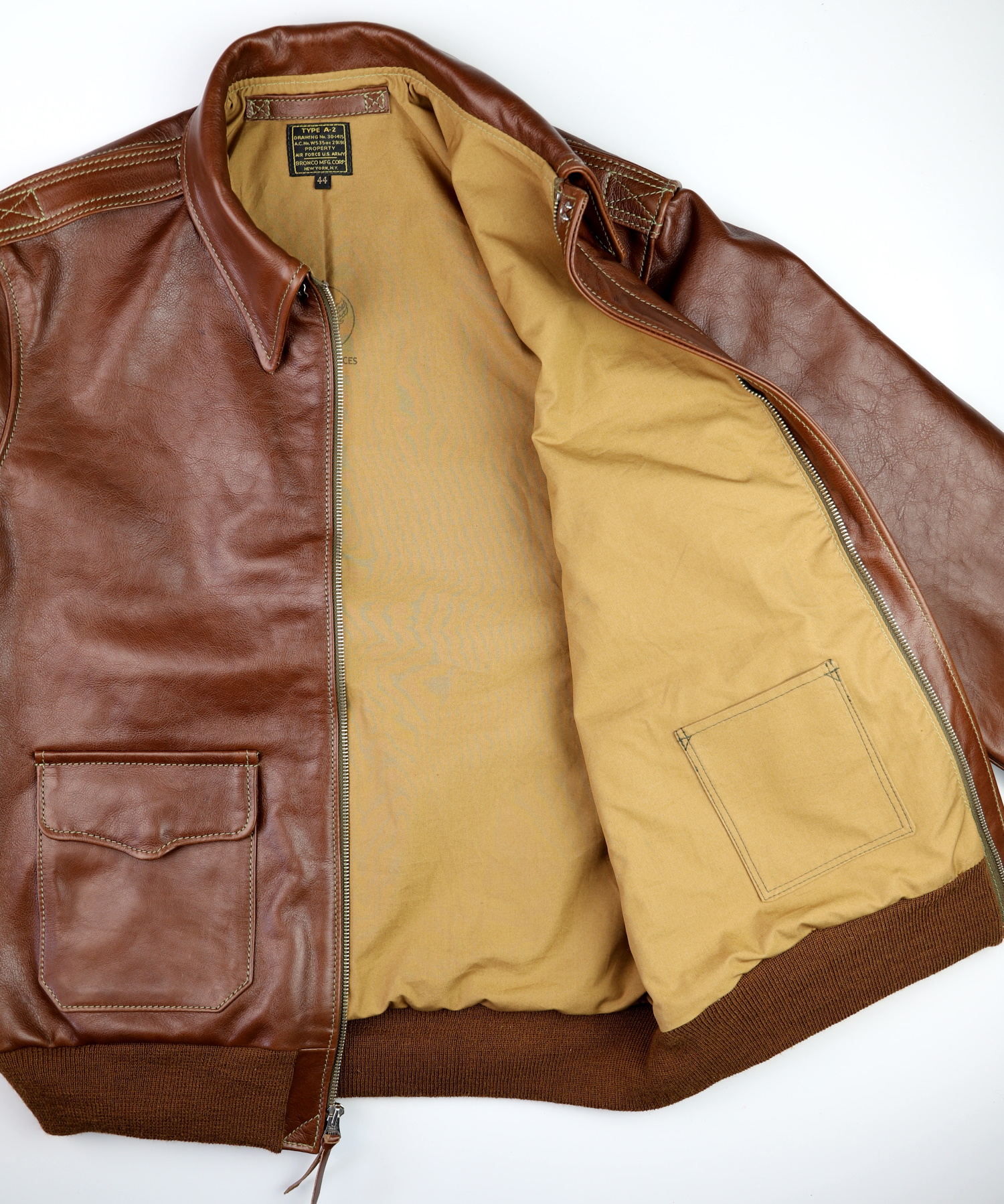 Aero Bronco A-2 Russet Vicenza AC5 tan cotton lining interior patch pocket.jpg