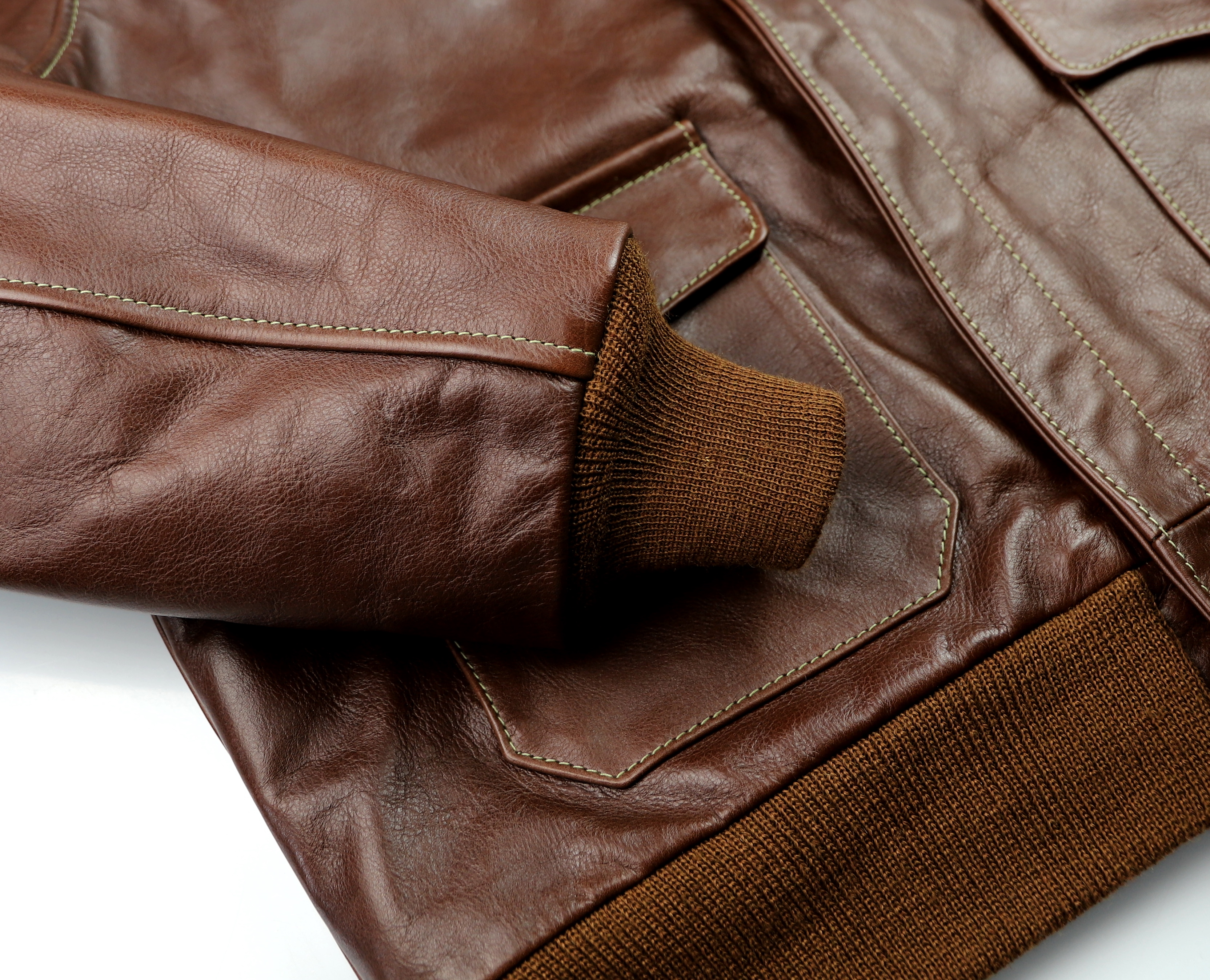 Aero Bronco A-2 Russet Vicenza Horsehide ATJ sleeve cuff.jpg