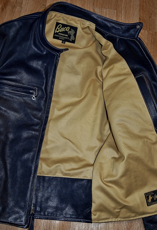 Aero Buco Cafe Racer Blue Vicenza Horsehide tan cotton drill lining.jpg