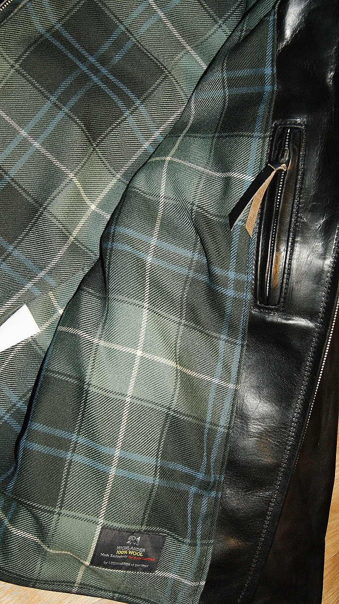 Aero Cafe' Racer Black CXL FQHH Patriot Weathered heavywight tartan lining close-up.jpg