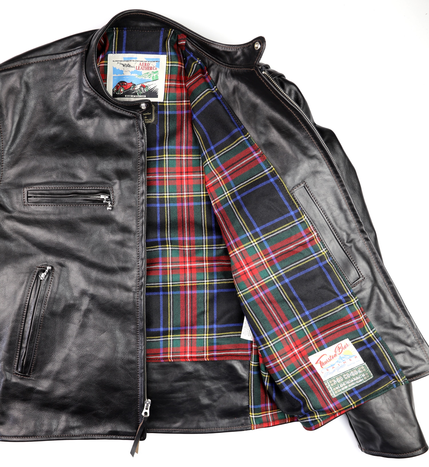 Aero Cafe Racer Blackened Brown Vicenza Horsehide DE6G Black Stewart tartan lining.jpg