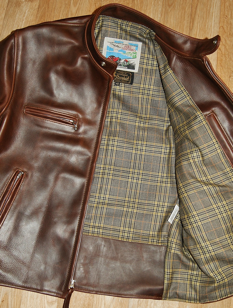 Aero Cafe Racer Brown CXL Steerhide 42 Eccles Check Tweed wool lining.jpg