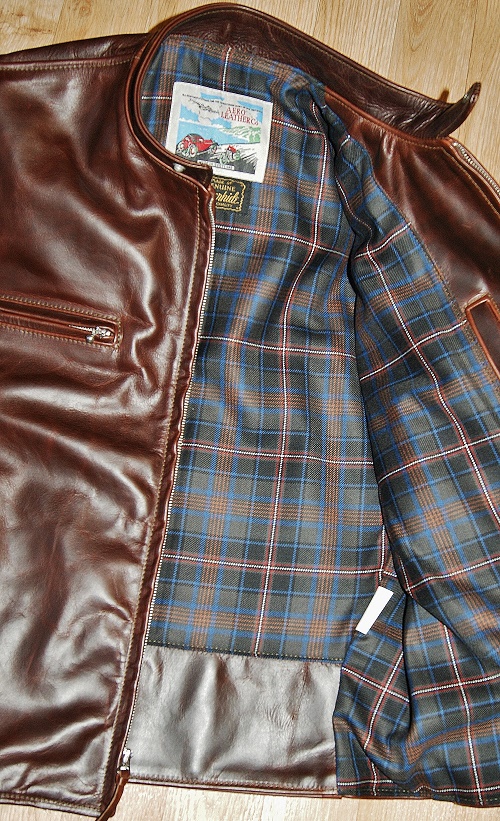 Aero Cafe Racer Brown CXL Steerhide 44 Capercaillie tartan lining.jpg