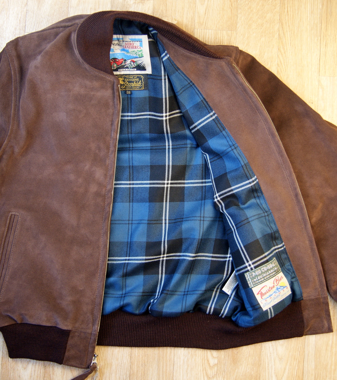 Aero College Jacket Chocolate Suede Ramsey Blue Ancient tartan lining.jpg