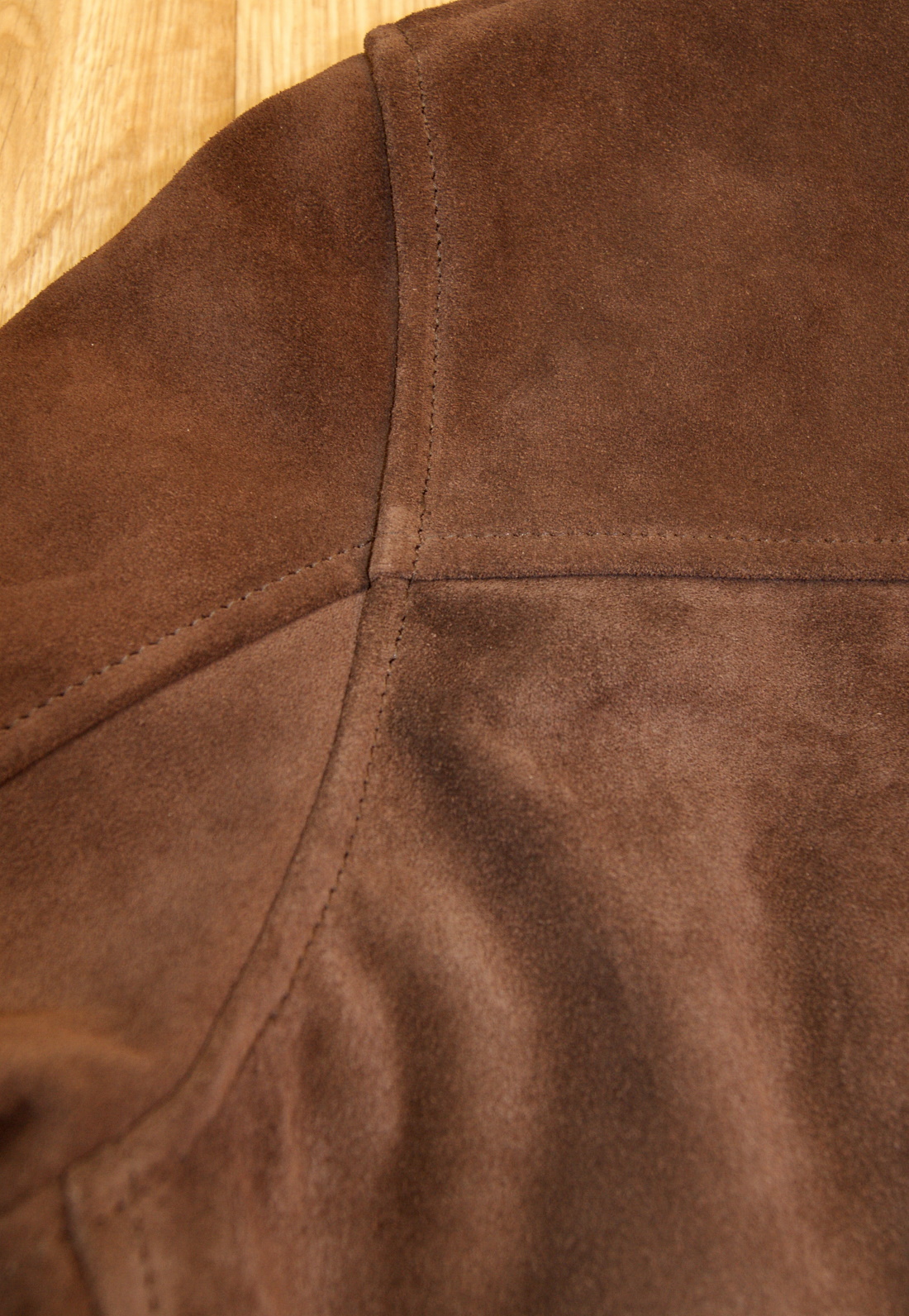 Aero College Jacket Chocolate Suede shoulder seam.jpg