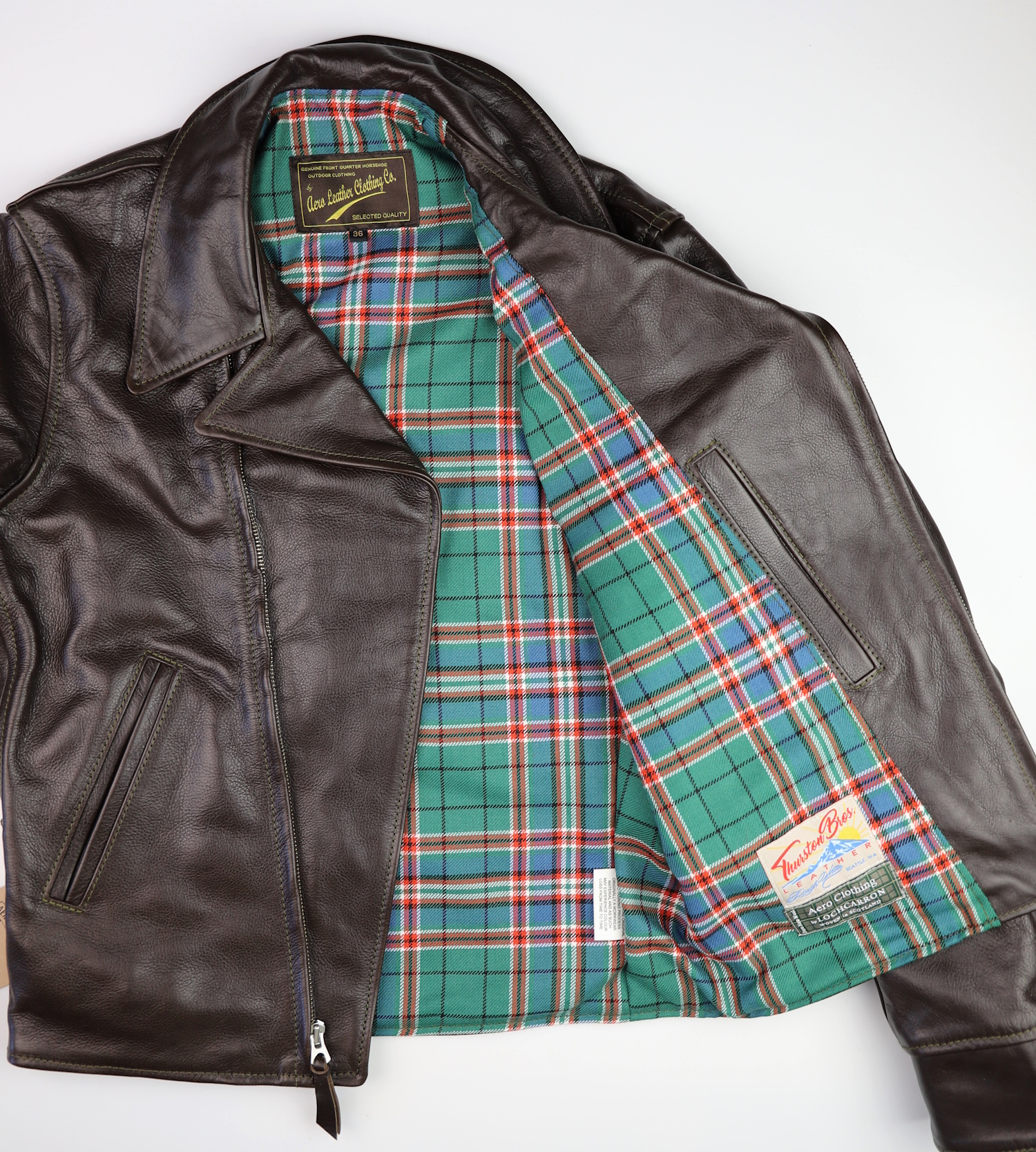 Aero Hooch Hauler Dark Seal Vicenza Horsehide 36J MacFarlane Hunting Ancient tartan lining.jpg