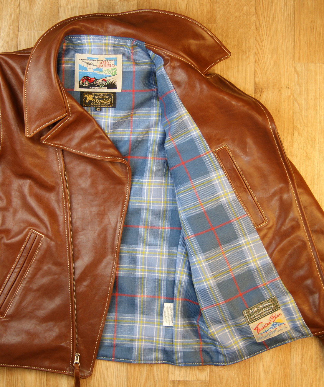 Aero Hooch Hauler Russet Badalassi Cowhide Musselburgh tartan lining.jpg