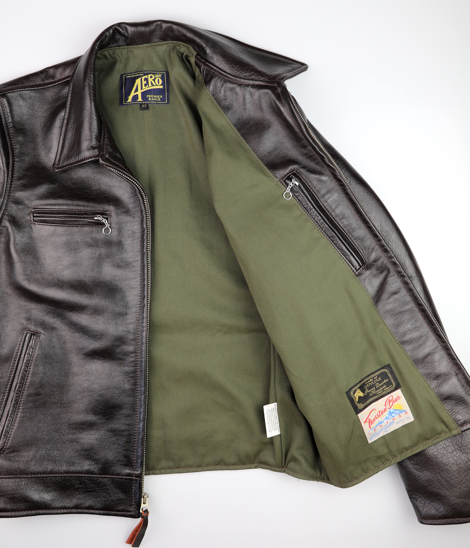 Aero Premier Highwayman Seal Jerky Horsehide olive cotton drill lining.jpg