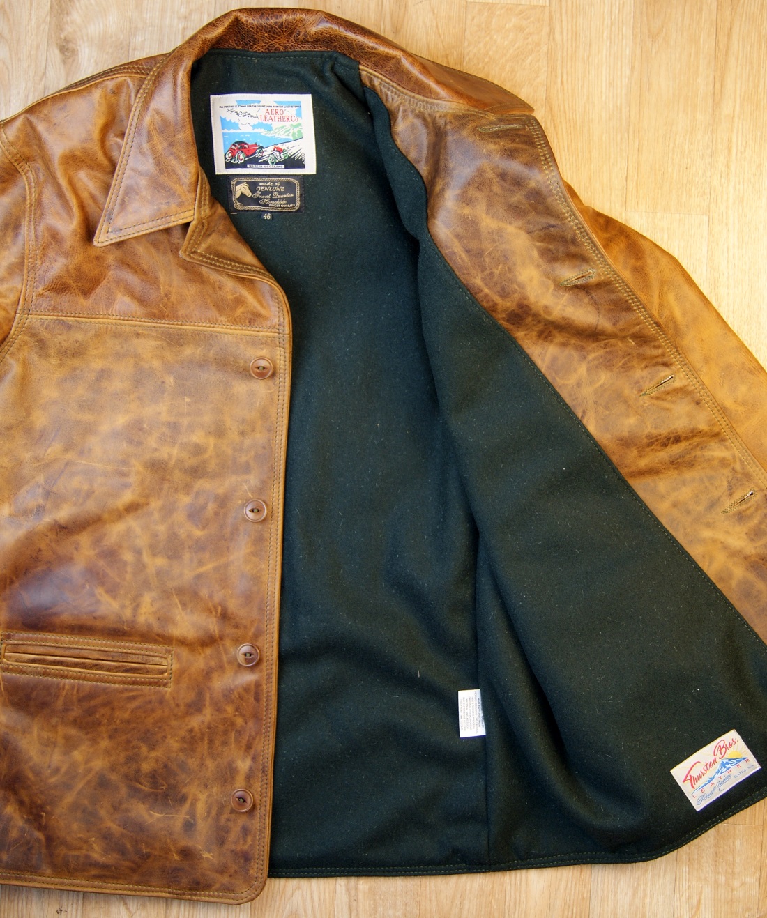 Aero Premier Work Coat Battered Tan Green Melton Wool lining.jpg