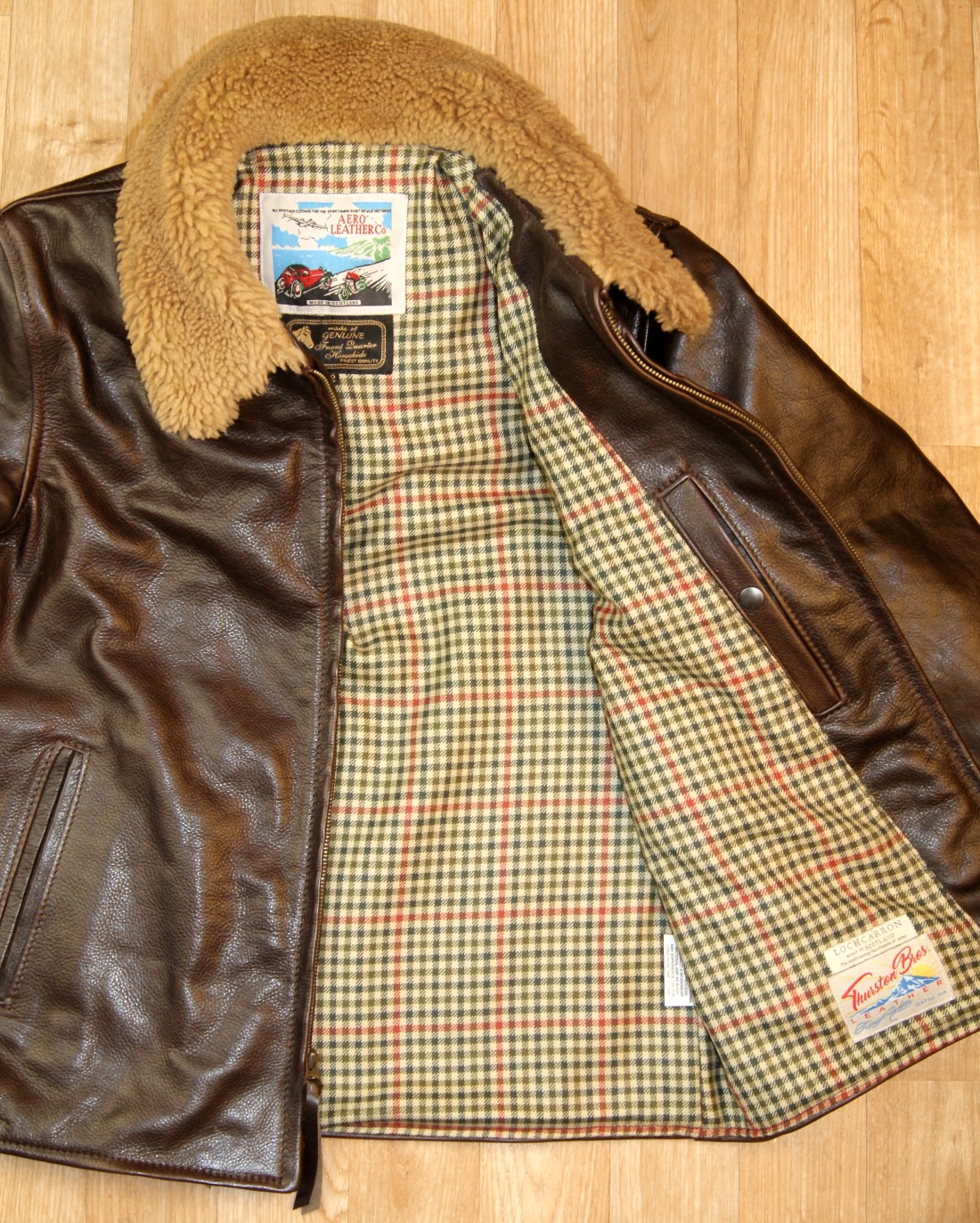 Aero Seven Dark Seal Vicenza Horsehide Irvin shearling collar St Abbs Check Tweed lining.jpg