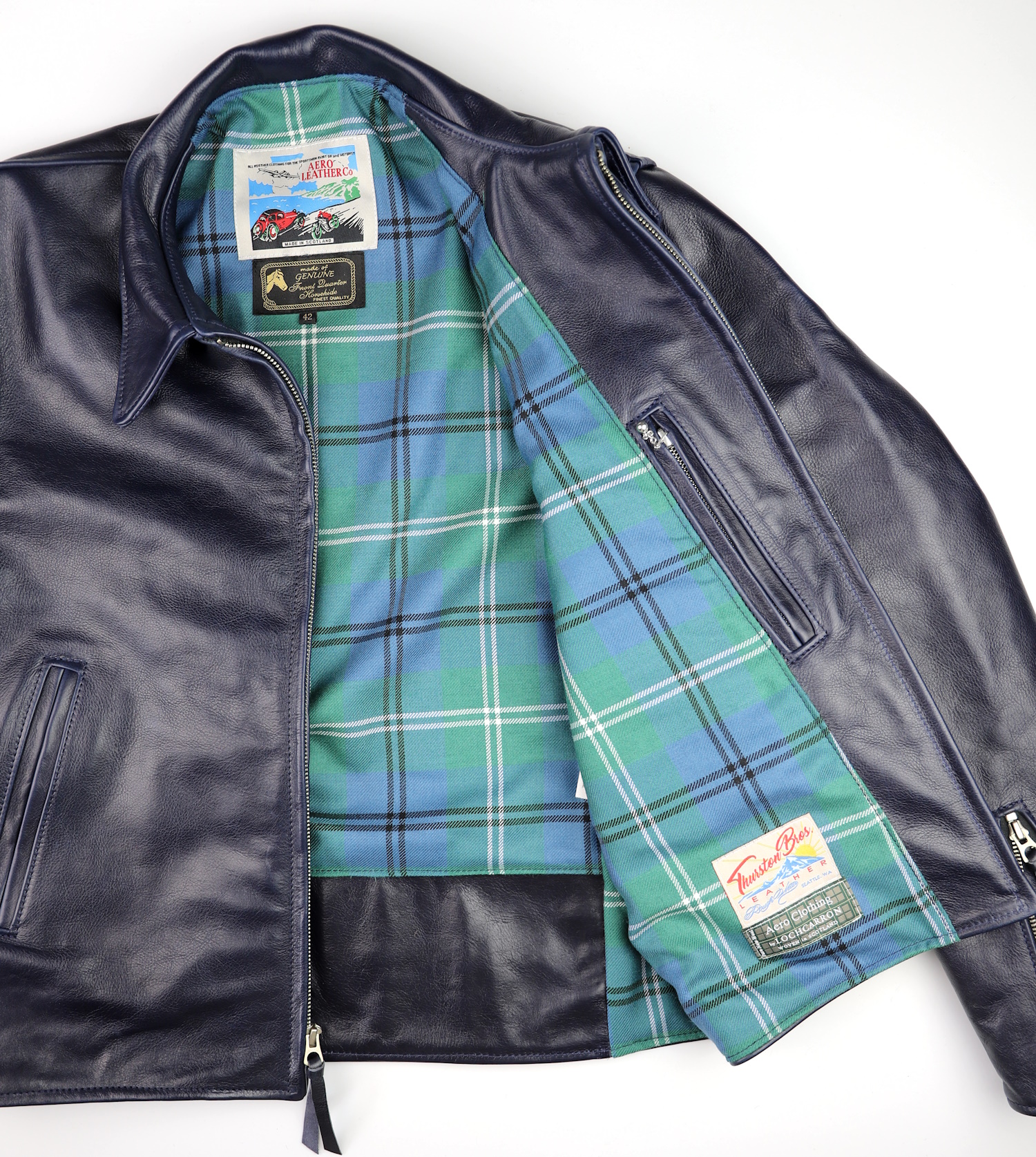 Aero Sheene Blue Vicenza Horsehide Oliphant Ancient tartan lining.jpg