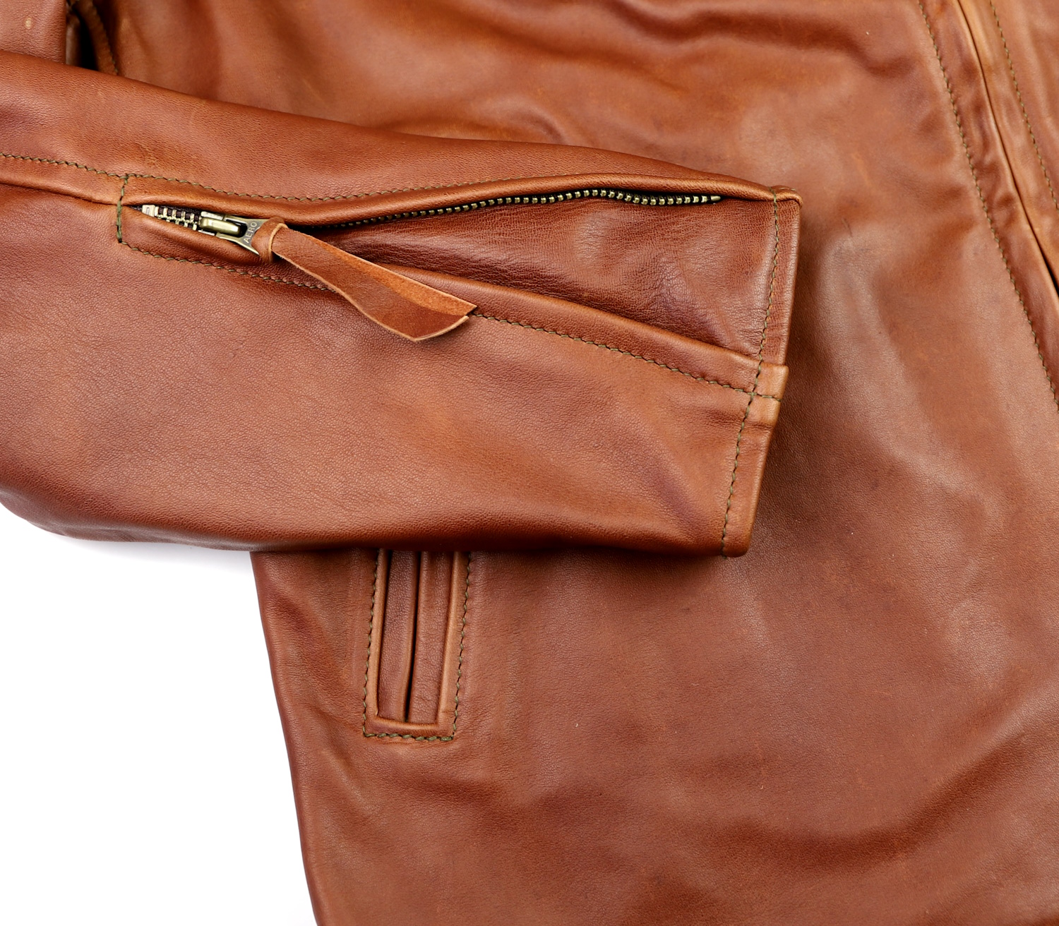 Aero Sheene Cognac Pinnacle Horsehide sleeve zipper.jpg