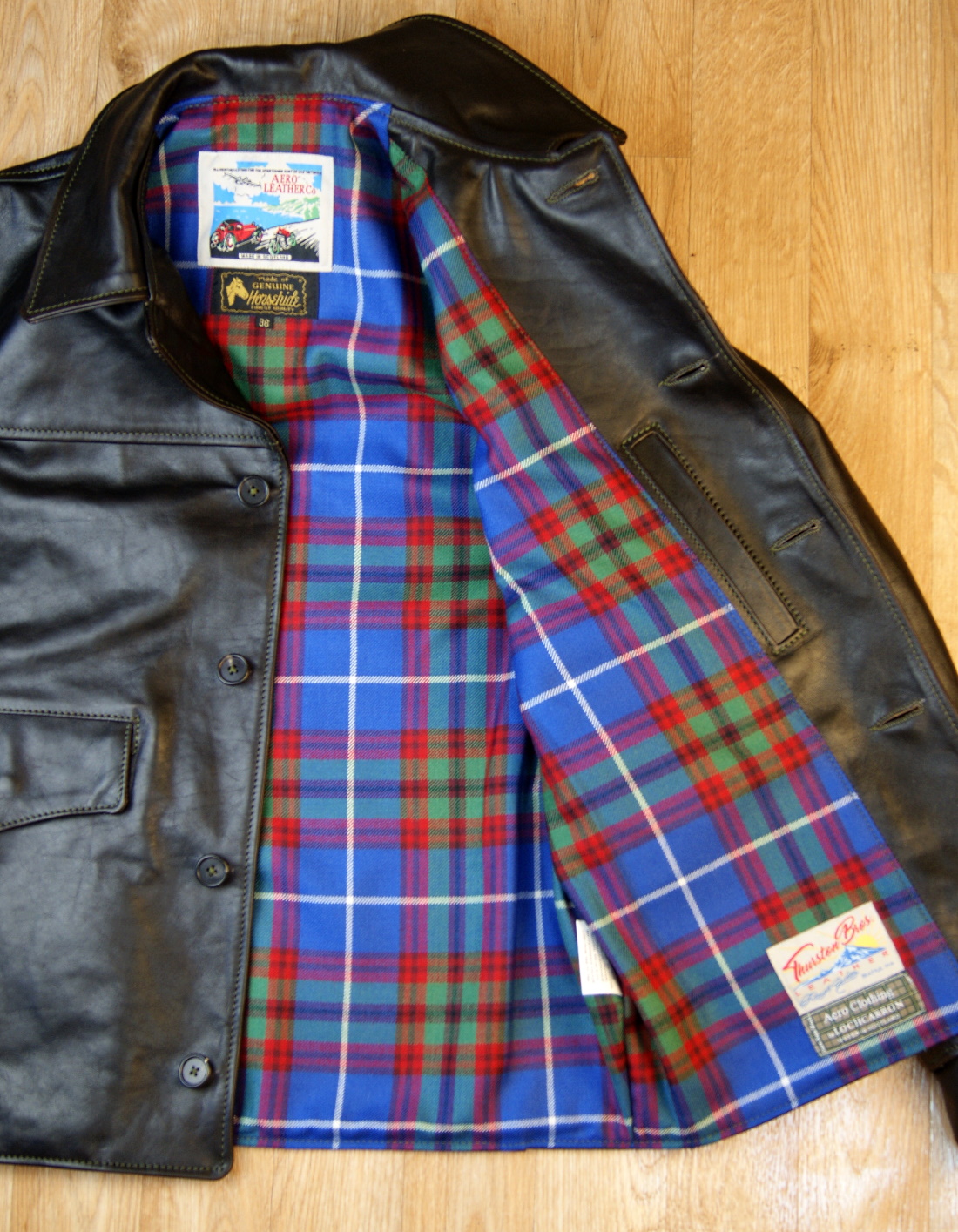 Aero Teamster Blackened Brown Vicenza Horsehide KDU Edinburgh tartan lining.jpg