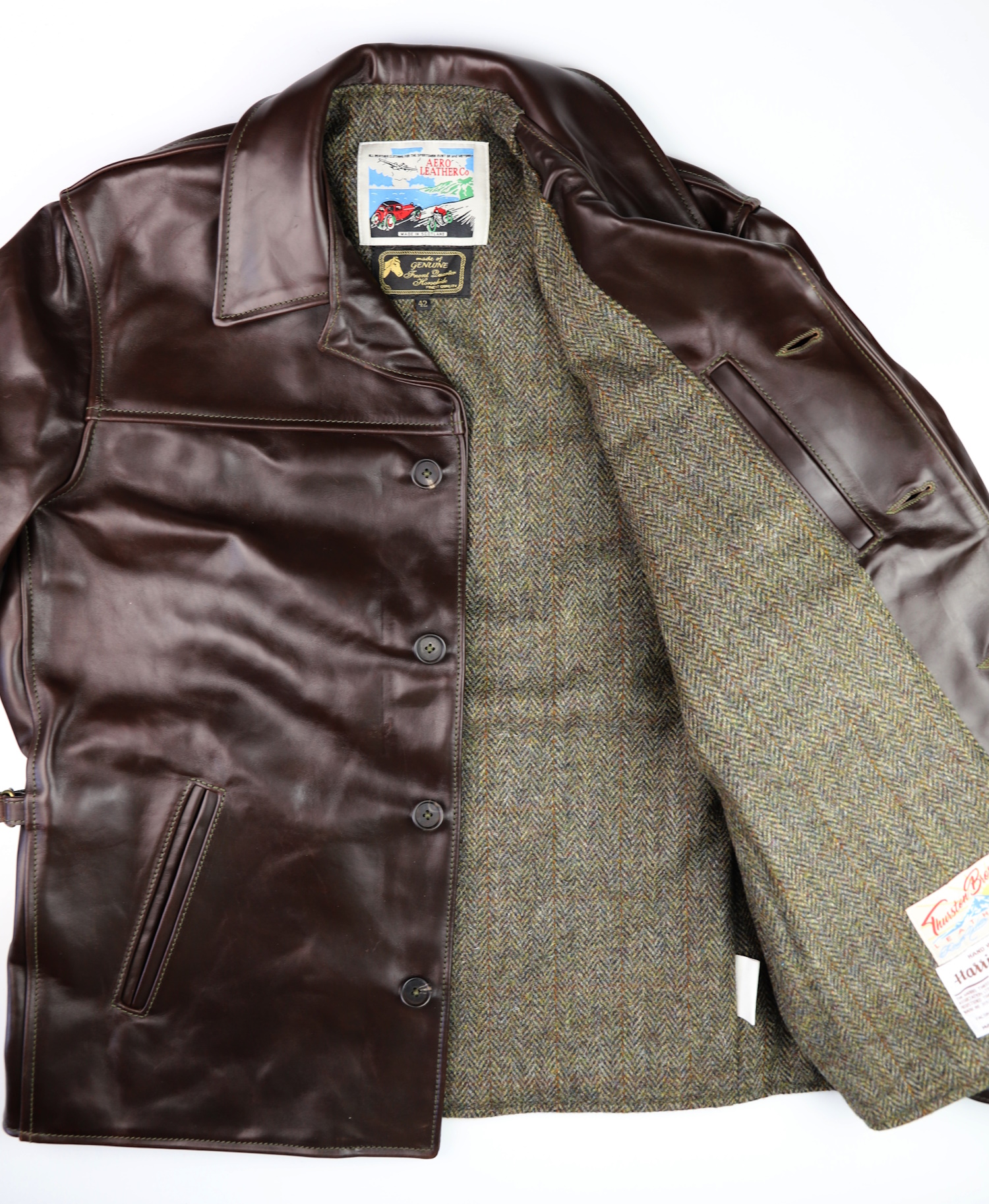 Aero Teamster Brown CXL FQHH DQ1 North Sea Herringbone Harris Tweed lining.jpg