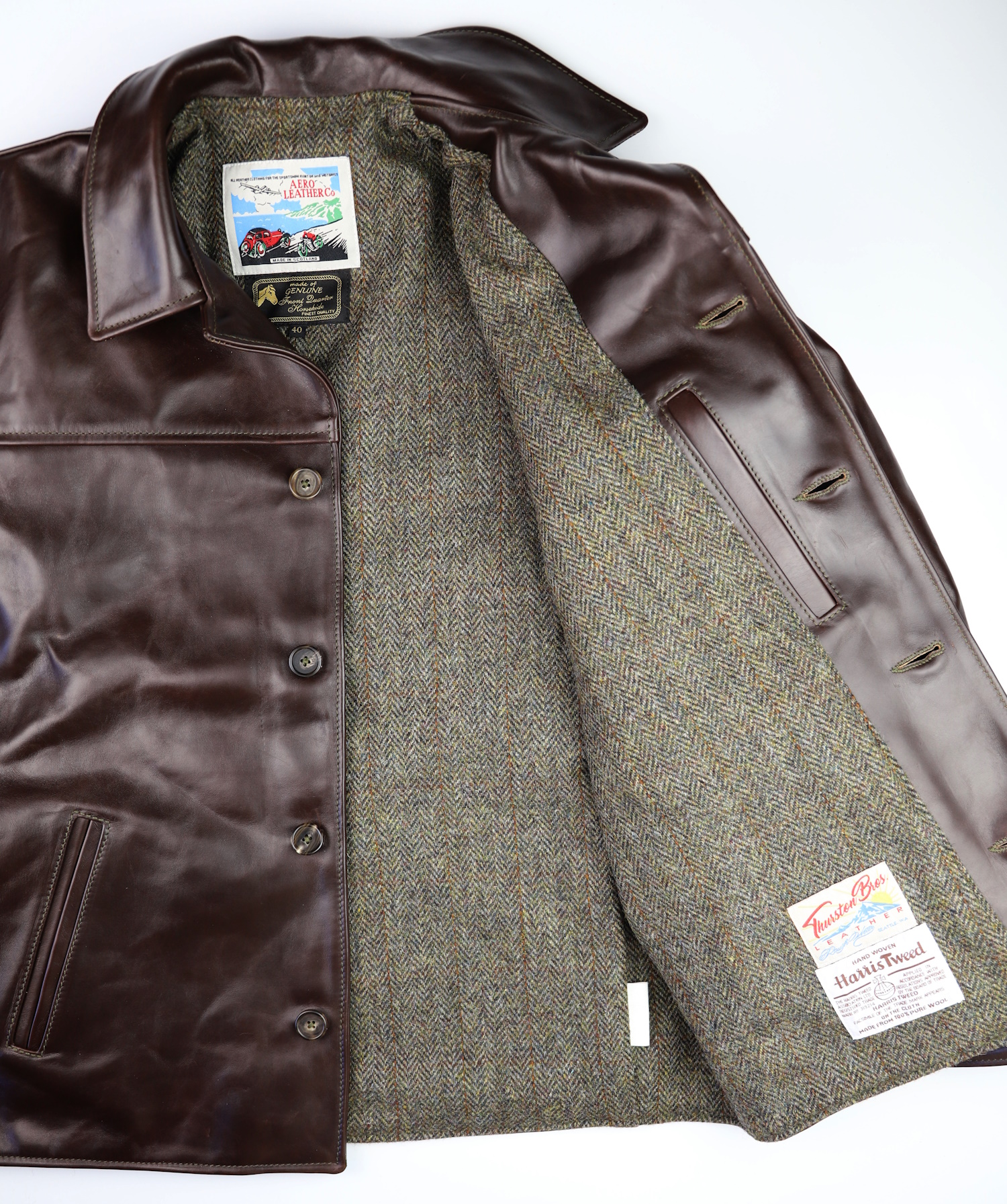 Aero Teamster Brown CXL FQHH E77 North Sea Herringbone Harris Tweed lining.jpg