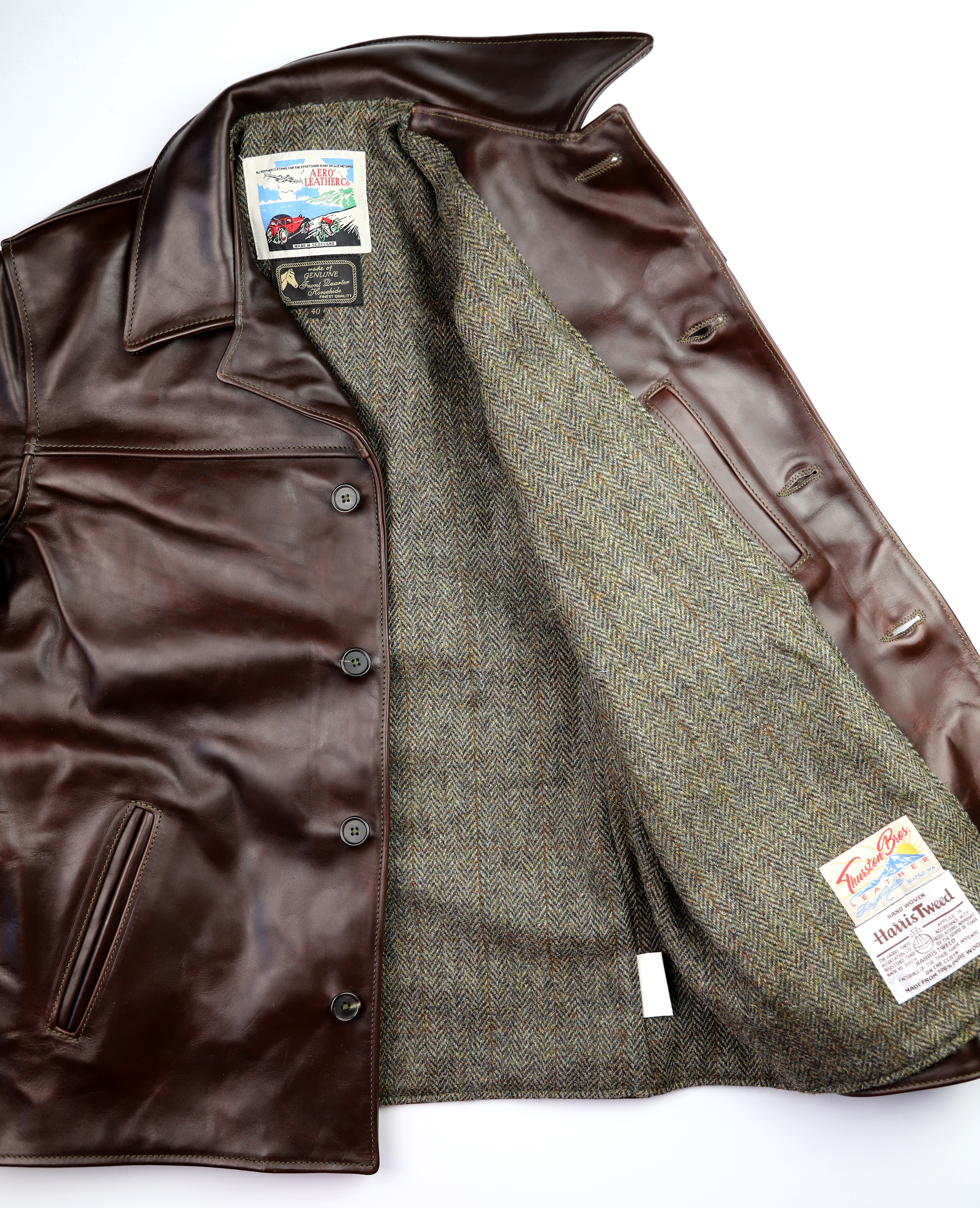 Aero Teamster Brown CXL FQHH GB6 Harris Tweed North Sea Herringbone lining.jpg