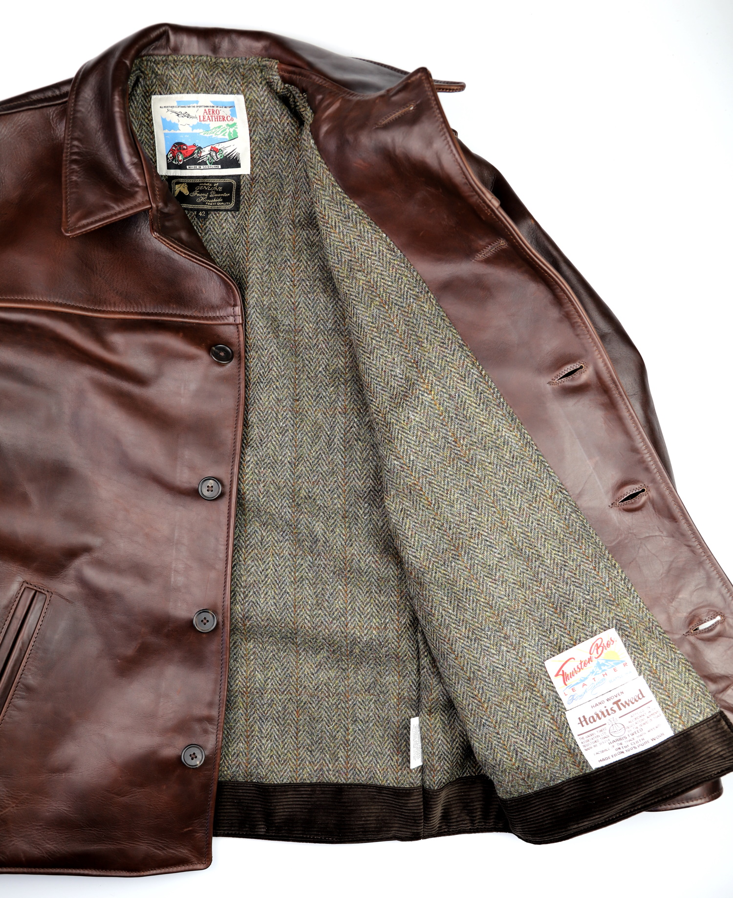 Aero Teamster Brown CXL FQHH JK3 North Sea Herringbone Harris Tweed lining.jpg