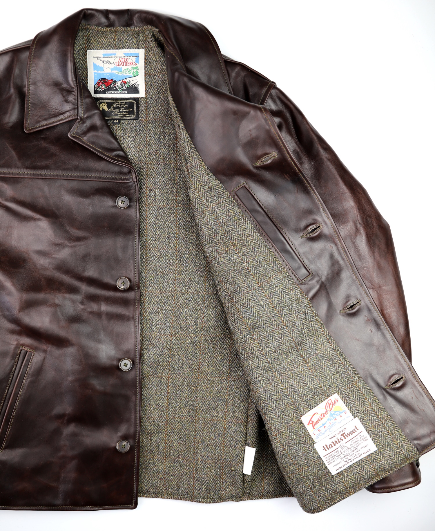 Aero Teamster Brown CXL FQHH RD8 North Sea Herringbone Harris Tweed lining.jpg