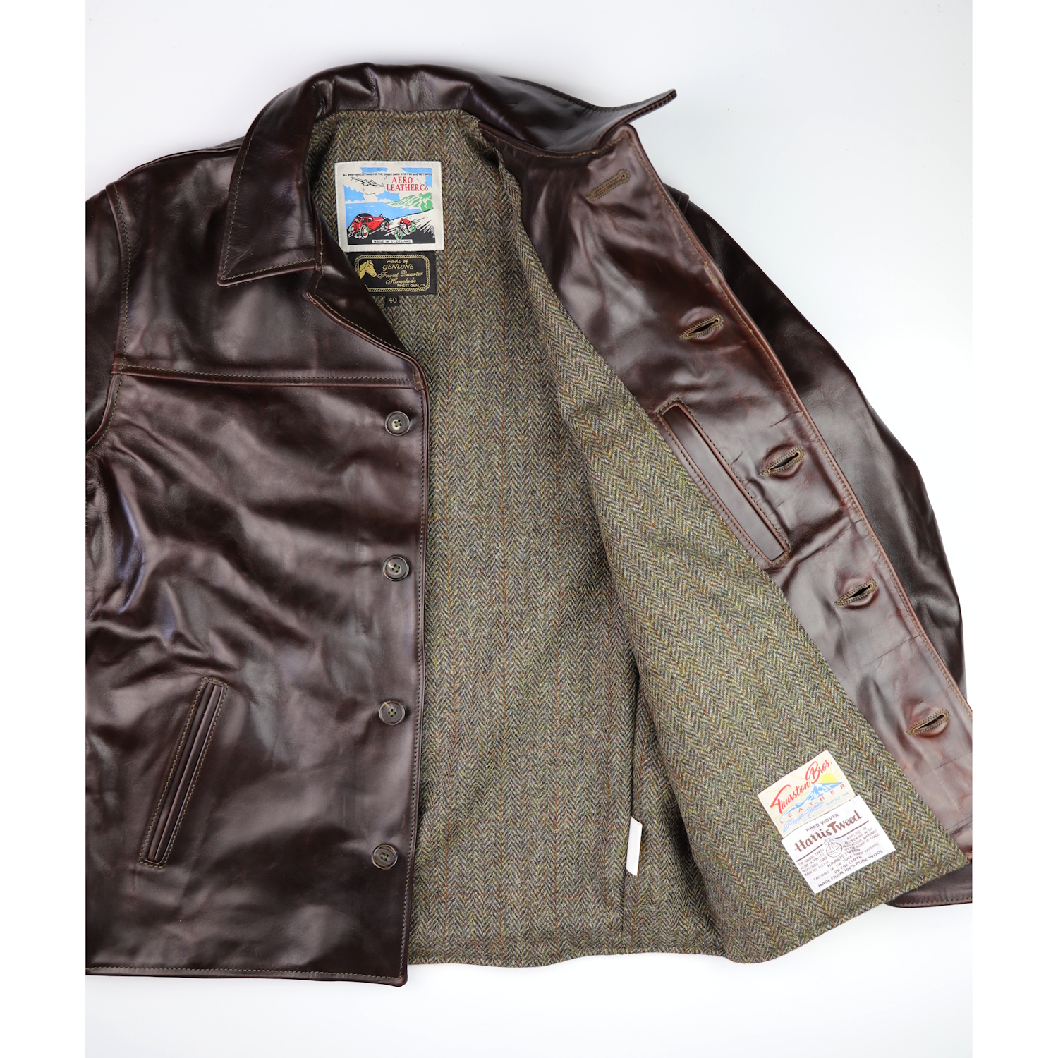 Aero Teamster Brown CXL FQHH WYB North Sea Herringbone Harris Tweed lining IG square.jpg