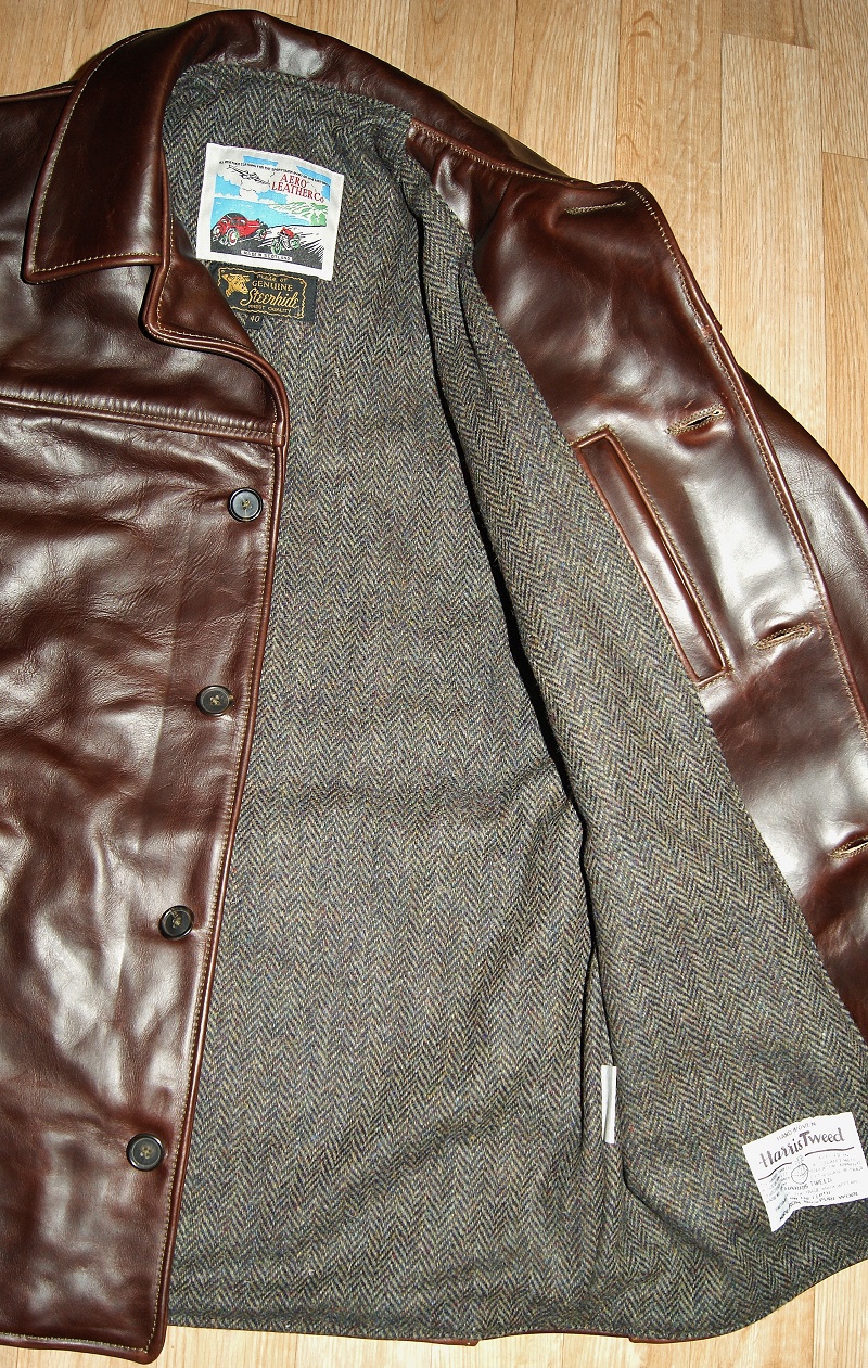 Aero Teamster Brown CXL Steerhide North Sea Herringbone Harris Tweed wool lining.jpg