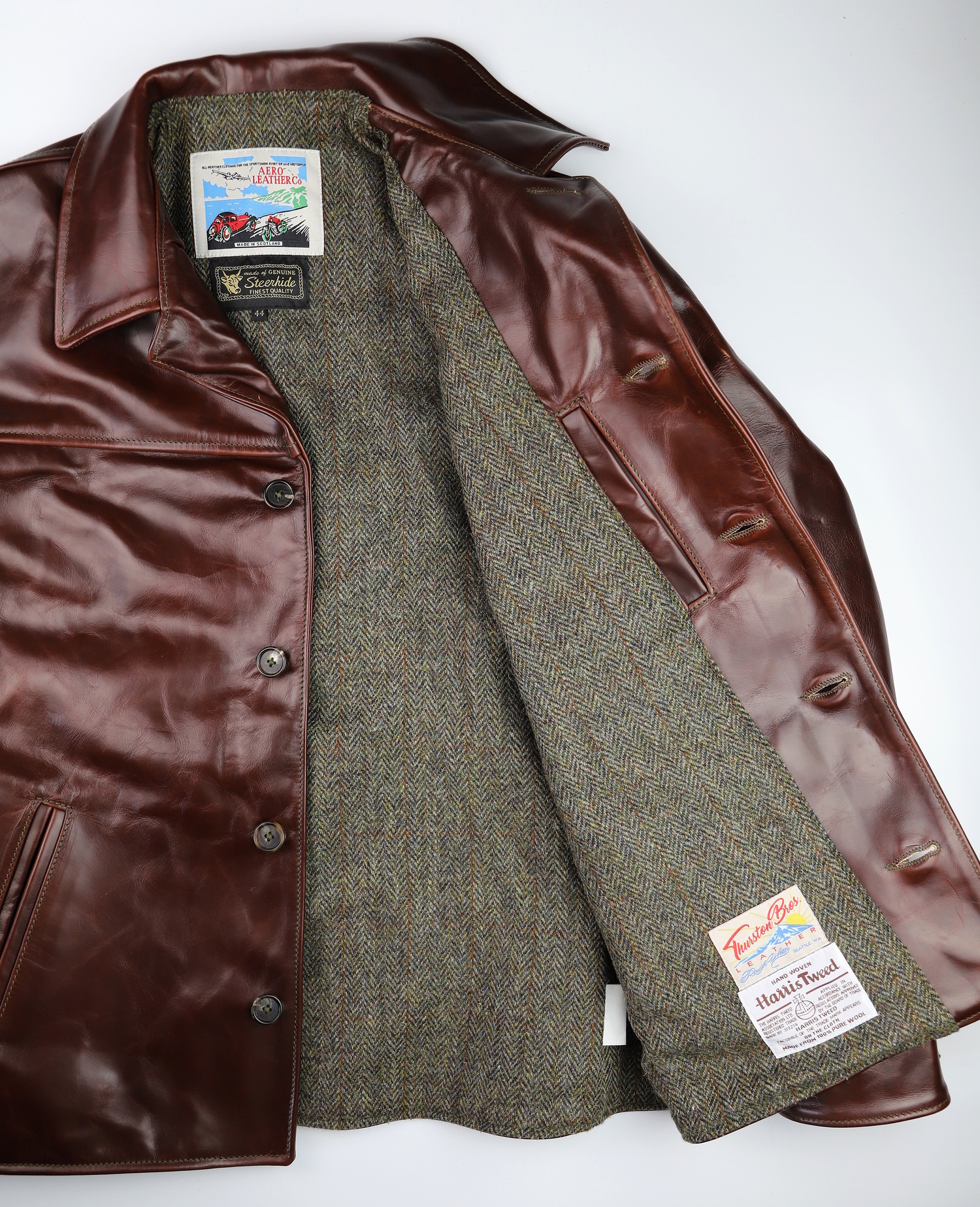 Aero Teamster Brown CXL Steerhide YV2 North Sea Herringbone Harris Tweed lining.jpg