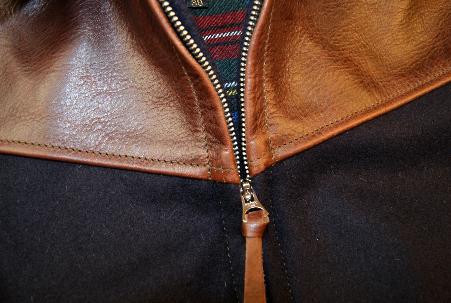 Aero Wool and Horsehide Half Belt Tumbled Brown Navy Melton zipper.jpg