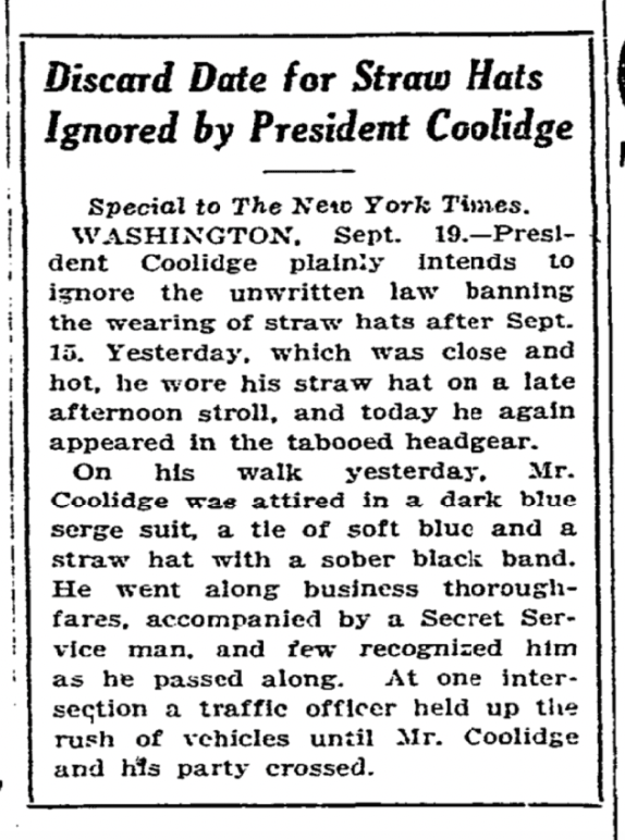NYT, Sept 20, 2025, Discard Date for Straw Hats Ignored by President Coolidge.png