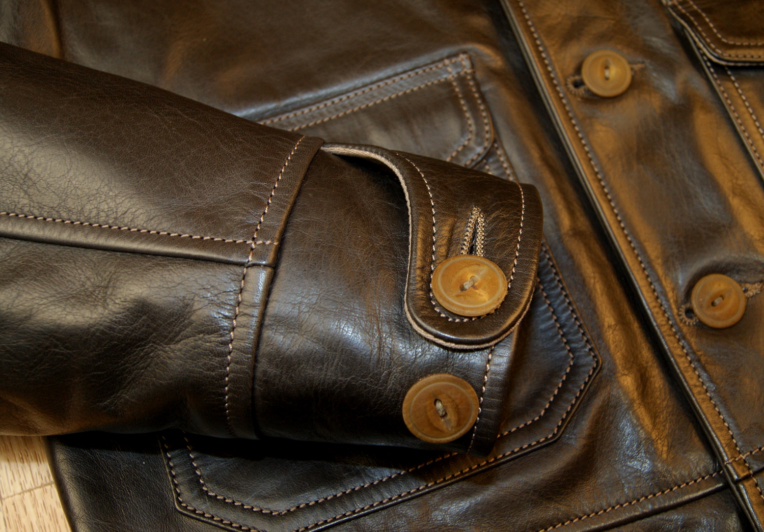 Thedi Button-Up Shawl Collar Brown Horsehide SBP cuff.jpg