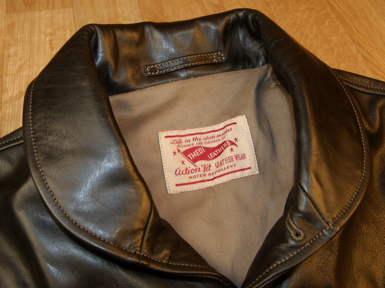 Thedi Button-Up Shawl Collar Brown Horsehide SBP tag.jpg