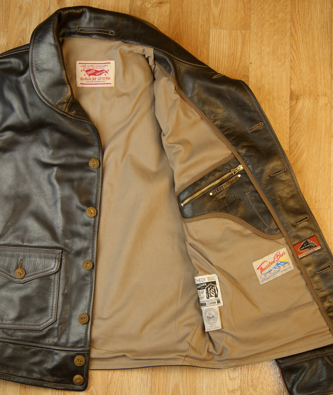 Thedi Button-Up Shawl Collar Brown Horsehide SBP tan lining.jpg