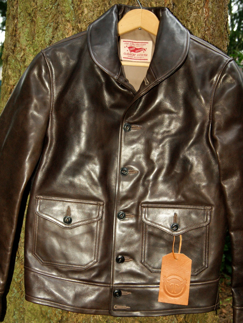 Thedi Shawl Collar Brown Cowhide hanger photo 1.jpg