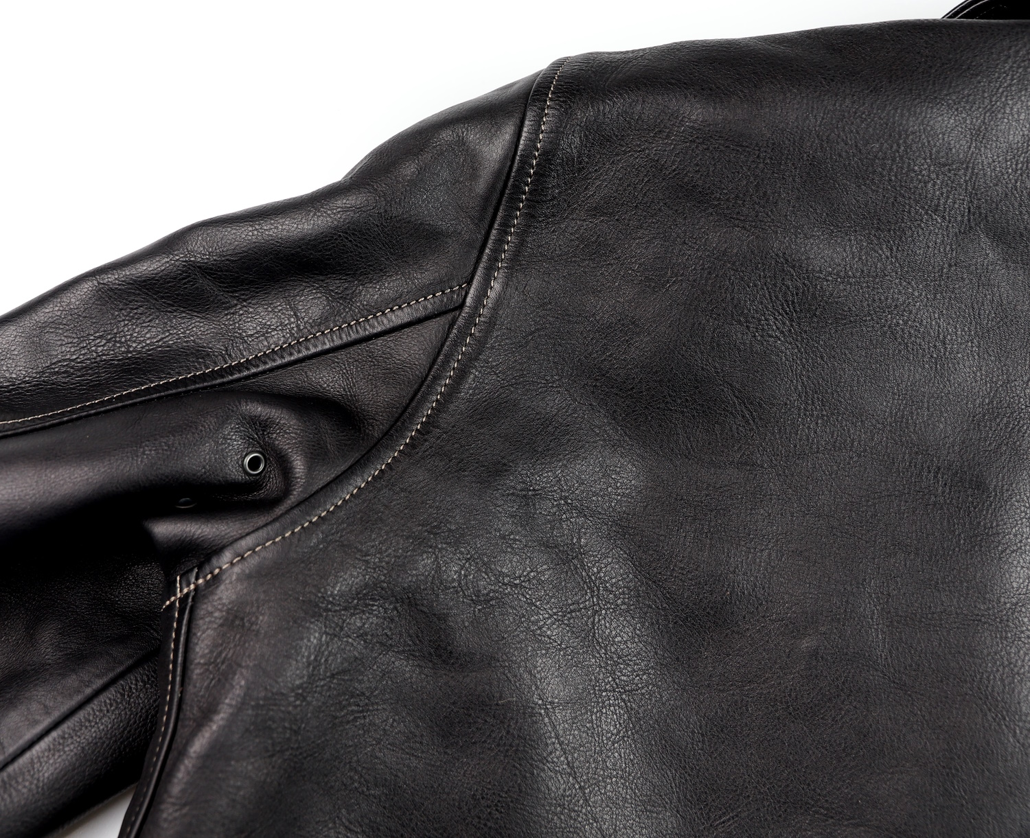 Thedi Zip-Up Shawl Collar Black Cowhide shoulder seam.jpg